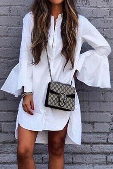 Chic Simple Plain Flared Long Sleeve White High Low Longline White Shirt Blouse