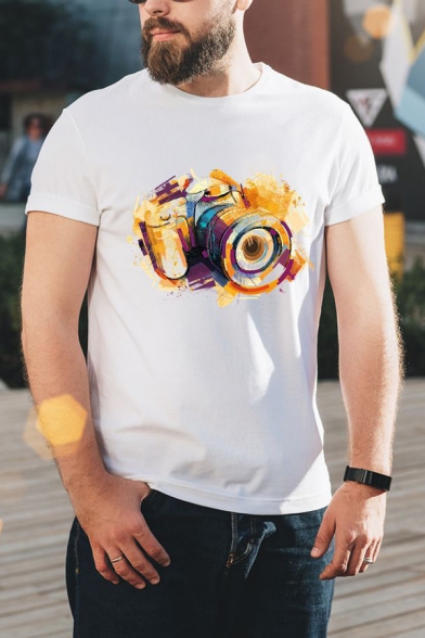 Coloful Painting Camera Print Short Sleeve Round Neck White T-Shirt