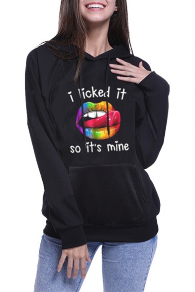 Cool Rainbow Lip Letter I LICKED IT Print Long Sleeve Black Graphic Hoodie