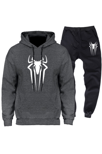 Cool Simple Spider Logo Printed Long Sleeve Hoodie with Loose Casual Jogger Pants Sport Two-Piece Set