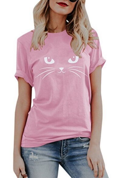 Cute Cartoon Cat Pattern Basic Round Neck Short Sleeve Loose Casual T-Shirt