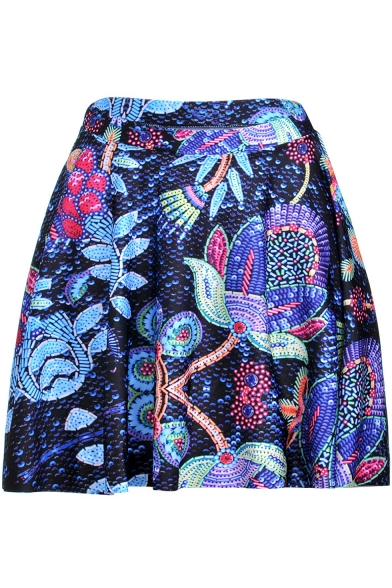 Fashion Digital Galaxy Floral Pattern Mini Blue Pleated Skater Skirt