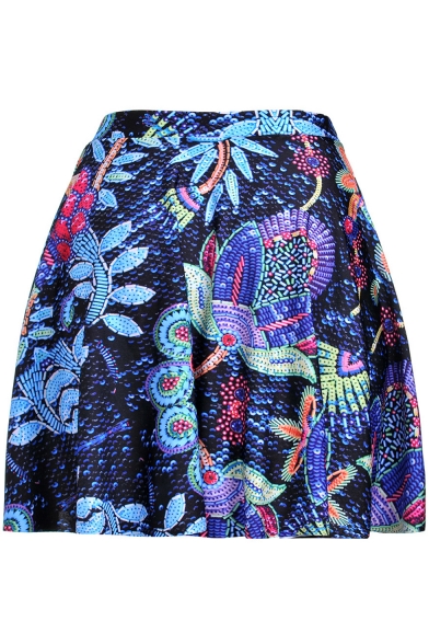 Fashion Digital Galaxy Floral Pattern Mini Blue Pleated Skater Skirt