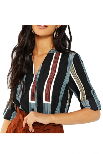 Fashion Womens Striped Print Button Front Rolled Sleeve Stand Collar Loose Shirts