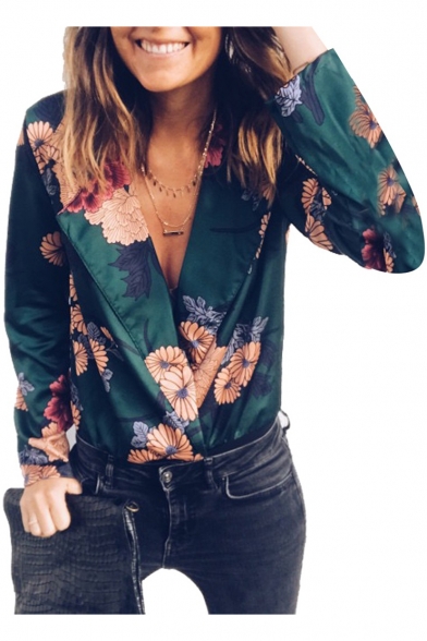 Fashion Lapel Collar Long Sleeve Chic Floral Printed Green Bodysuit Blouse Top for Women