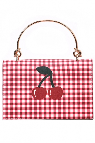 Fashion Plaid Cherry Printed Metal Handle Square Crossbody Handbag 20*14*7 CM
