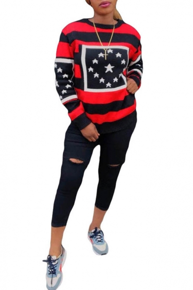 Fashion Star Striped Printed Round Neck Long Sleeve Red Pullover Sweatshirt