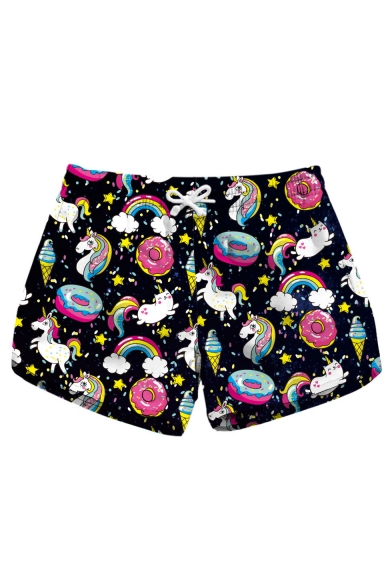 Funny Black Cartoon Rainbow Unicorn Printed Drawstring Waist Swimwear Beach Shorts for Women