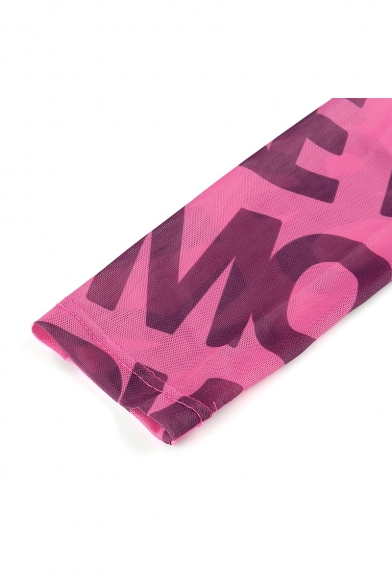 Girls Cool Street Fashion Allover Letter MORE Print Mock Neck Long Sleeve Pink Slim Sheer Mesh Crop Tee