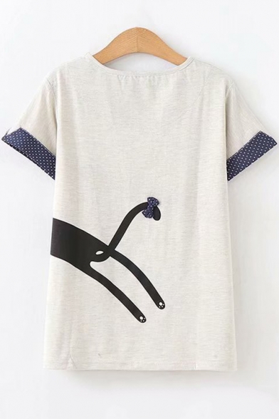 Girls Funny Heart Cat Printed Round Neck Short Sleeve Grey T-Shirt