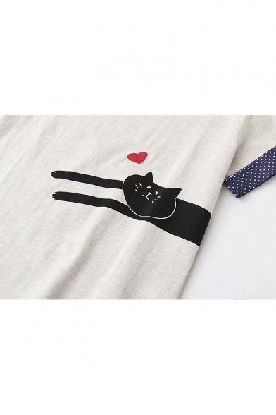 Girls Funny Heart Cat Printed Round Neck Short Sleeve Grey T-Shirt