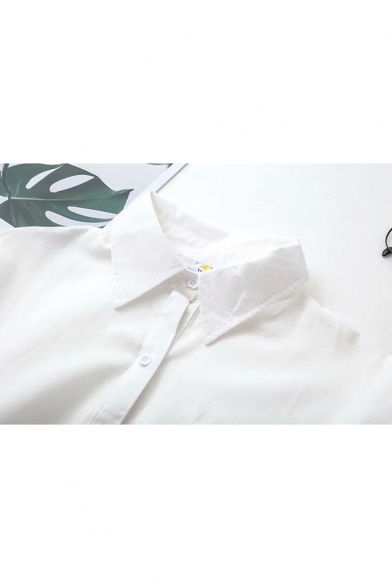 Girls Preppy Style Cute Cartoon Bear Tied Collar Simple White Button Shirt