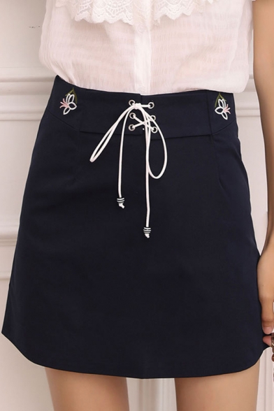 Girls Simple Floral Embroidery Lace-Up Front Mini A-Line Skirt