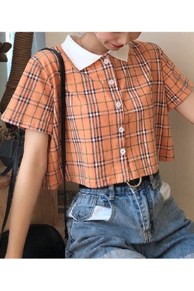 Girls Summer Fancy Plaid Print Short Sleeve Button Down Casual Crop Shirt