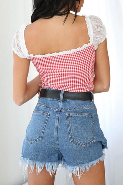 Girls Summer Fashion Plaid Printed Lace-Trimmed Square Neck Cap Sleeve Cropped Slim Tee
