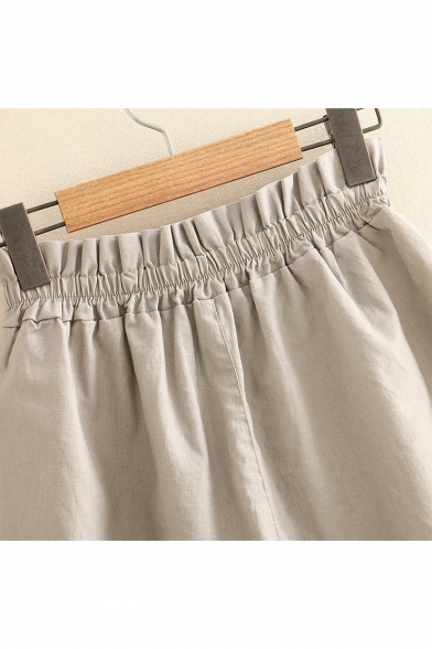 Girls Summer Fashion Plain Elastic Waist Loose Fitted Linen Shorts