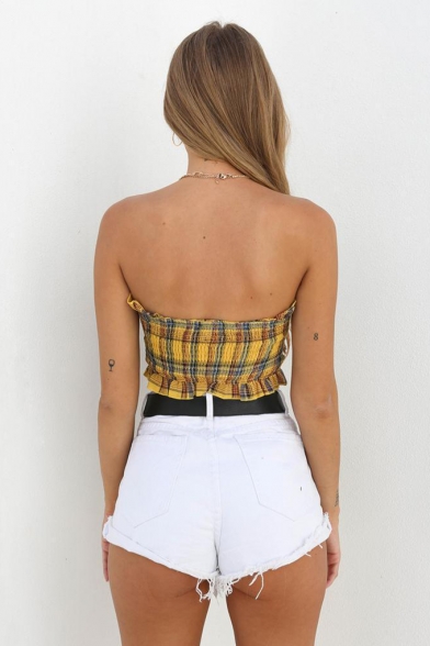 Girls Summer Fashion Yellow Check Print Lace-Up Front Strapless Crop Bandeau Top