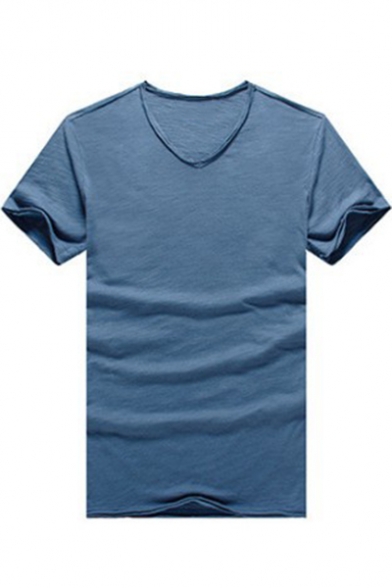 Guys Fashion Simple Plain Basic Round Neck Short Sleeve Fitted Slub Cotton T-Shirt