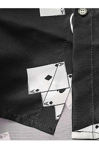 Guys Funny Allover Poker Card Print Black Short Sleeve Slim Button Shirt