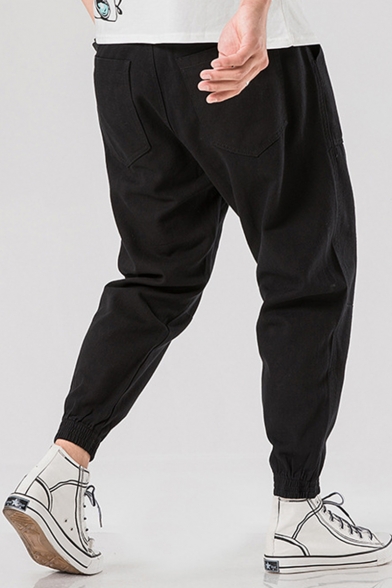 Guys Simple Fashion Solid Color Drawstring Waist Elastic Cuffs Leisure Cotton Tapered Pants