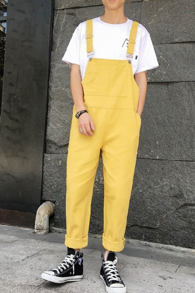 Guys Trendy Simple Plain Adjustable Straps Casual Loose Cotton Overalls