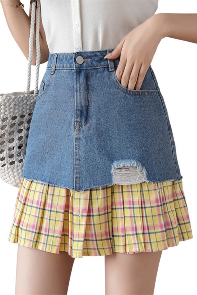 Hot Fashion Women High Waist Check Print Patch Pleated Hem Ripped Mini Denim Skirt