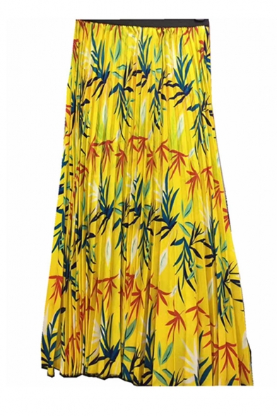 Hot Fashion Womens Yellow Floral Print Elasticated Maxi Pleated Skirt