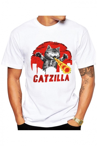 Hot Popular Funny Catzilla Fire Cat Print Round Neck Short Sleeve White Tee