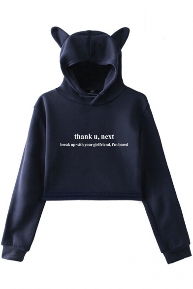 S-XXL Womens Cat Ear Crop Top Hoodie Sweater Casual Grateful Thankful Blessed Long Sleeve Hooded Pullover 