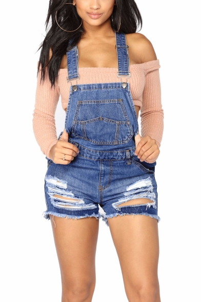 Hot Popular Womens Distressed Ripped Blue Denim Overall Shorts