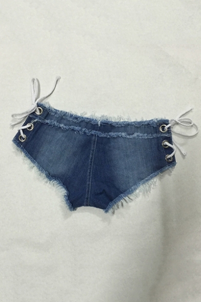 Hot Popular Womens Sexy Raw Hem Hollow Lace-Up Side Blue Hot Pants Denim Shorts
