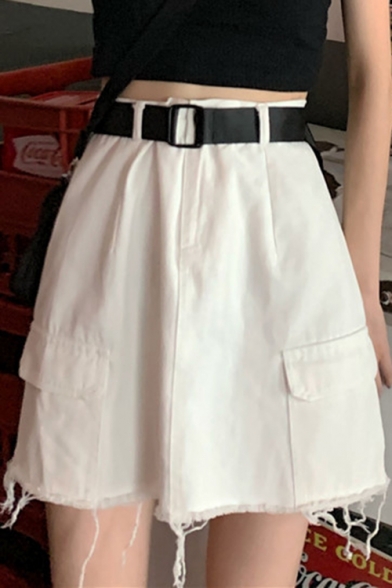 Hot Popular Womens Vintage High Waist Fringe Hem Pocket A-Line Mini Cargo Skirt