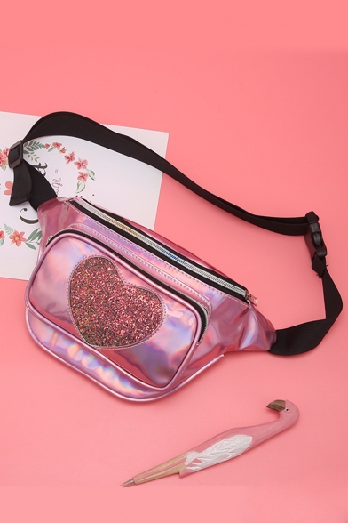 Lovely Sequined Heart Patched Laser Waist Belt Bag for Girls 16*33 CM