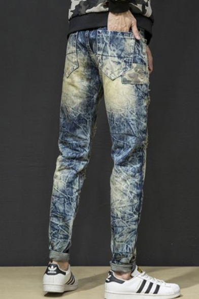 Men's Cool Fashion Camouflage Patch Vintage Snow Washed Blue Regular Fit Casual Jeans