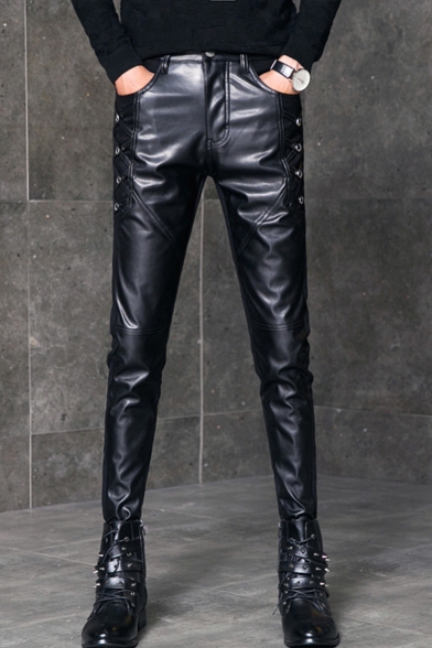 Men's Cool Fashion Solid Color Crisscross Detail Black Leather Biker Pants Pencil Pants