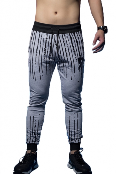 Men's Fashion Unique Stripe Printed Drawstring Waist Slim Fit Sweatpants Sports Pencil Pants