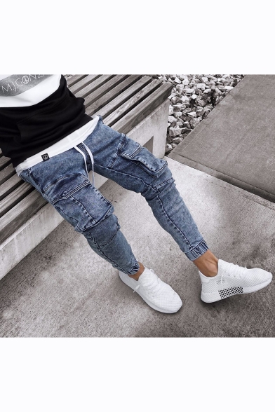 Men's New Fashion Solid Color Double Flap Pocket Front Drawstring Waist Elastic Cuffs Stretch Slim Fit Blue Jeans