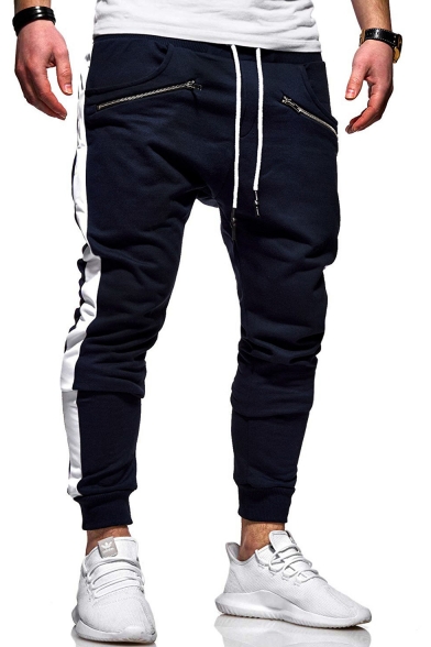 Men's New Stylish Colorblock Patched Side Zipped Pocket Drawstring Waist Casual Sports Sweatpants
