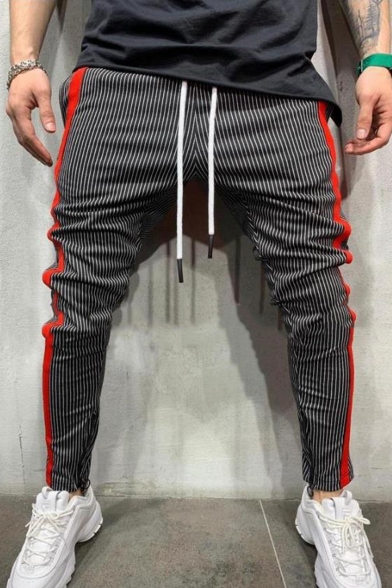 Men's New Stylish Colorblocked Stripe Pattern Zippered Vent Drawstring Waist Casual Pencil Pants