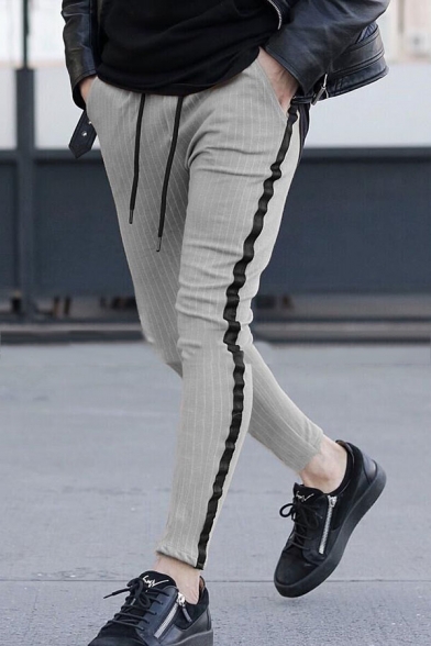 Men's New Stylish Stripe Pattern Tape Side Drawstring Waist Skinny Casual Cotton Pencil Pants
