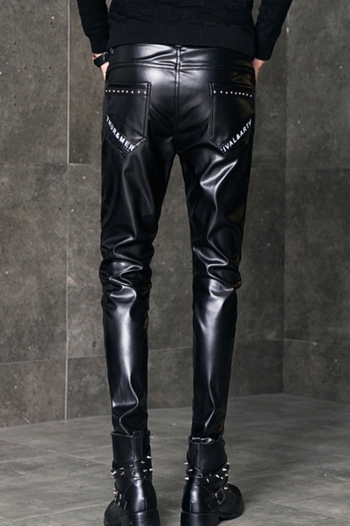 Men's Personalized Fashion Solid Color Rivet Zipper Embellished Black Leather Biker Pants
