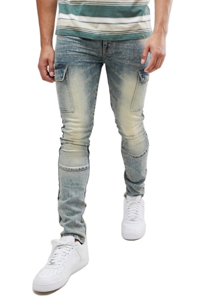 Men's Popular Fashion Flap Pocket Side Vintage Washed Skinny Fit Cargo Jeans