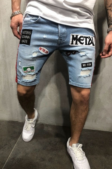 Men's Popular Fashion Letter Embroidery pattern Patched Destroyed Ripped Stretch Fit Light Blue Denim Shorts
