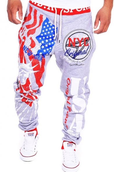 Men's Popular Fashion Letter USA Statue of Liberty Printed Drawstring Waist Loose Fit Casual Sweatpants