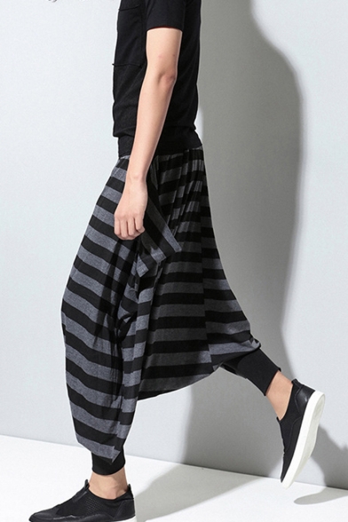Men's Street Trendy Stripe Pattern Loose Fit Baggy Drop-Crotch Cotton Culottes Harem Pants