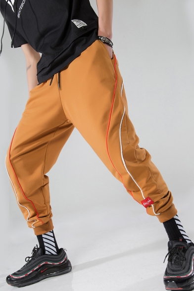 Men's Stylish Colorblock Stripe Trim Drawstring Waist Street Style Casual Loose Cotton Tapered Pants