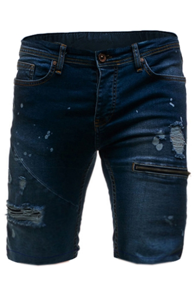 Men's Summer New Fashion Plain Washed Zip Embellished Frayed Ripped Denim Shorts