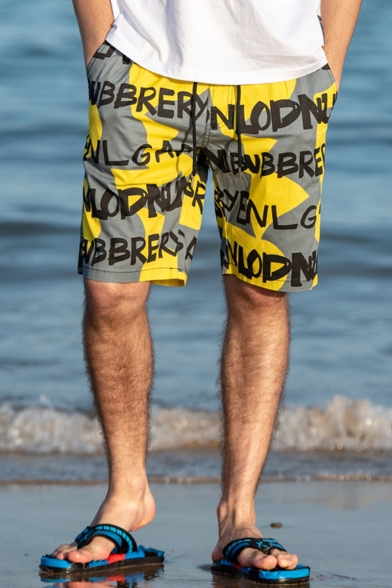 Men's Summer New Popular Letter Print Quick Drying Drawstring Waist Beach Shorts Swim Trunks with Pockets