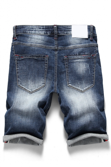 Men's Summer Trendy Basic Washed Stripe Patched Zip-fly Blue Denim Shorts