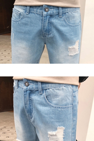 Men's Summer Trendy Simple Plain Light Blue Washed Casual Ripped Denim Shorts